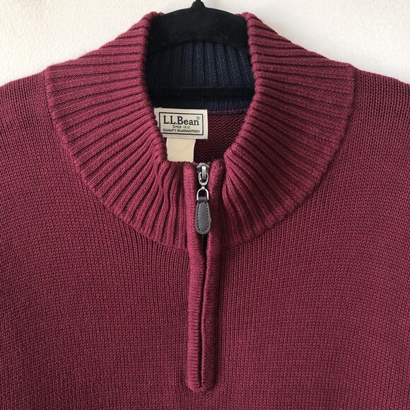 LL Bean Sweater Mens XL Maroon Mock Neck Quarter Zip Cotton Grandpa Cabin Preppy - Picture 2 of 10